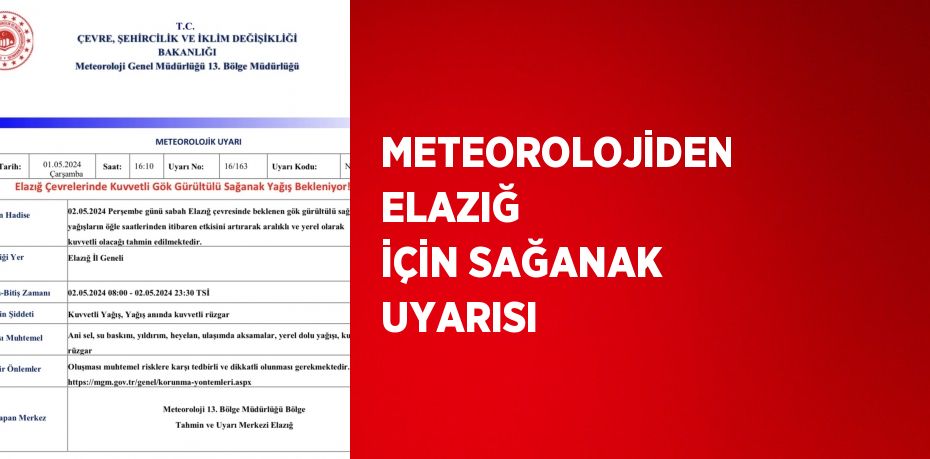 METEOROLOJİDEN ELAZIĞ İÇİN SAĞANAK UYARISI