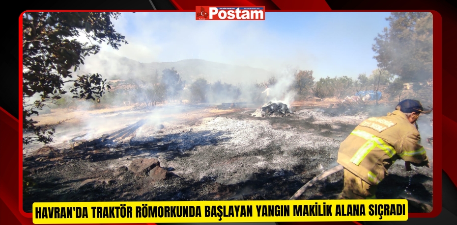 Havran'da traktör römorkunda başlayan yangın makilik alana sıçradı