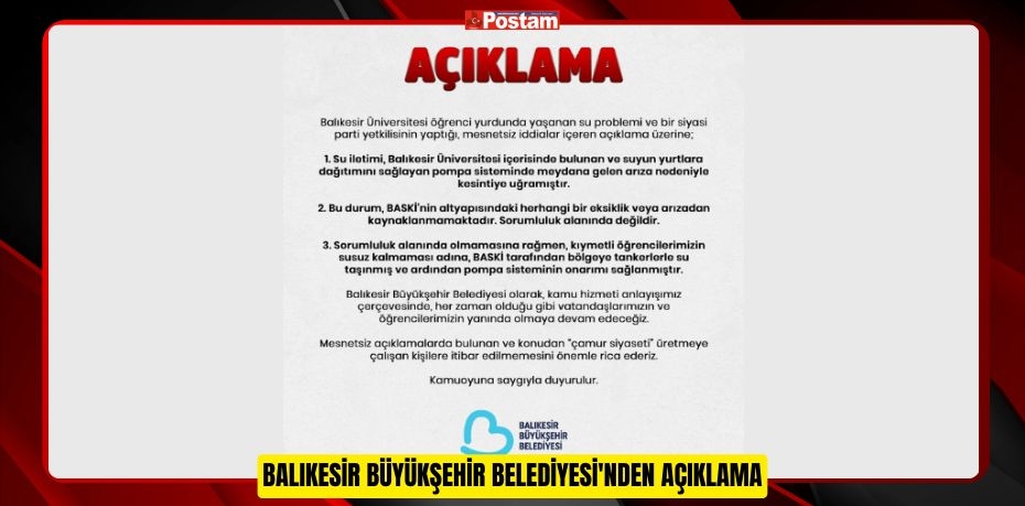 BALIKESİR BÜYÜKŞEHİR BELEDİYESİ'NDEN AÇIKLAMA