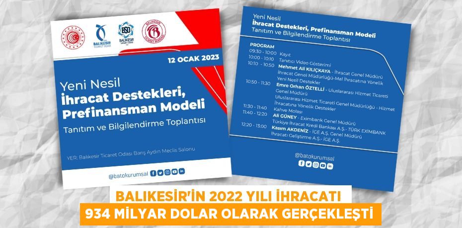 Balıkesir’in 2022 yılı ihracatı  934 milyar dolar olarak gerçekleşti