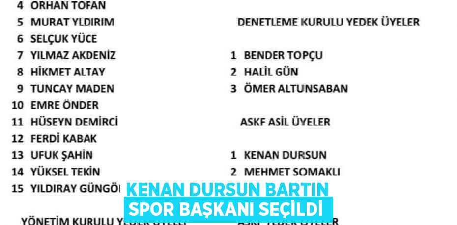 KENAN DURSUN BARTIN SPOR BAŞKANI SEÇİLDİ