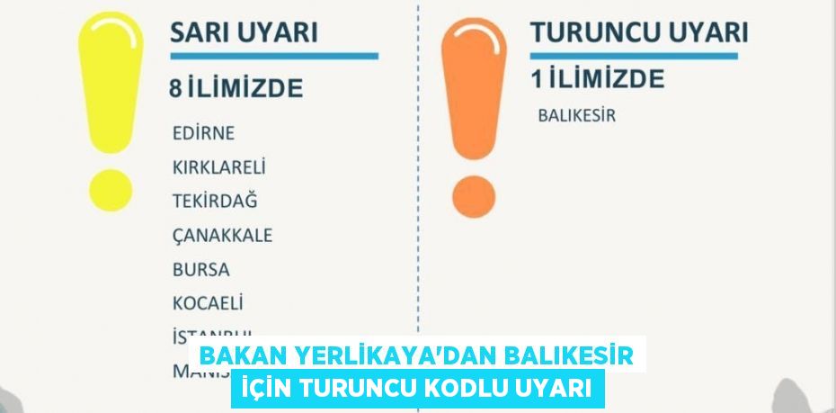 Bakan Yerlikaya’dan Balıkesir için turuncu kodlu uyarı