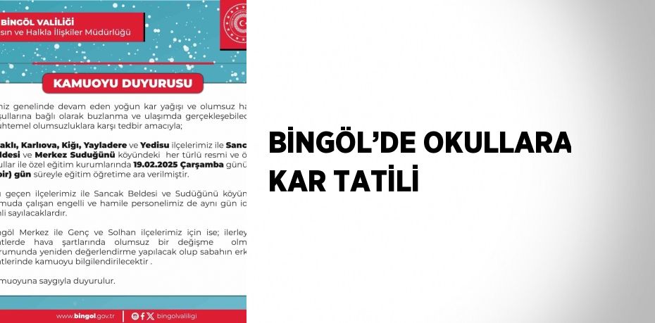 BİNGÖL’DE OKULLARA KAR TATİLİ