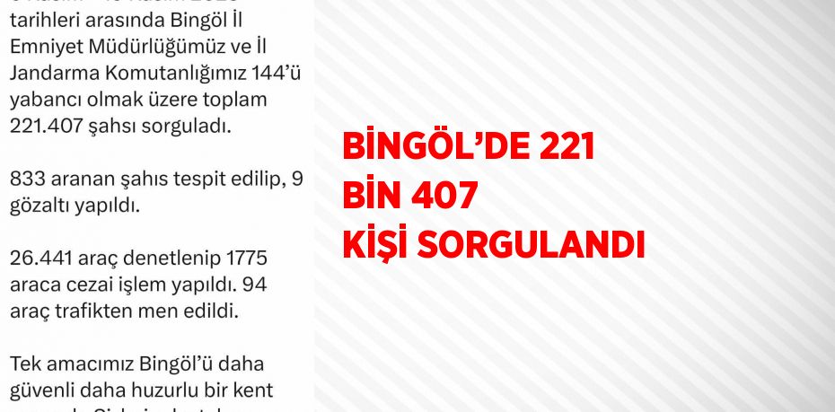 BİNGÖL’DE 221 BİN 407 KİŞİ SORGULANDI