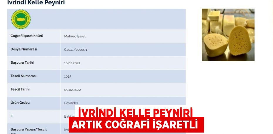 İVRİNDİ KELLE PEYNİRİ ARTIK COĞRAFİ İŞARETLİ