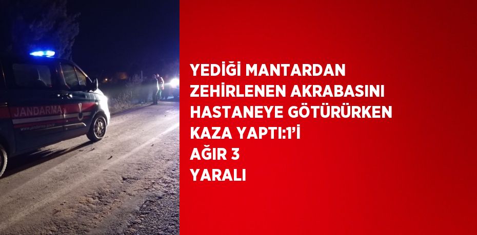 YEDİĞİ MANTARDAN ZEHİRLENEN AKRABASINI HASTANEYE GÖTÜRÜRKEN KAZA YAPTI:1’İ AĞIR 3 YARALI