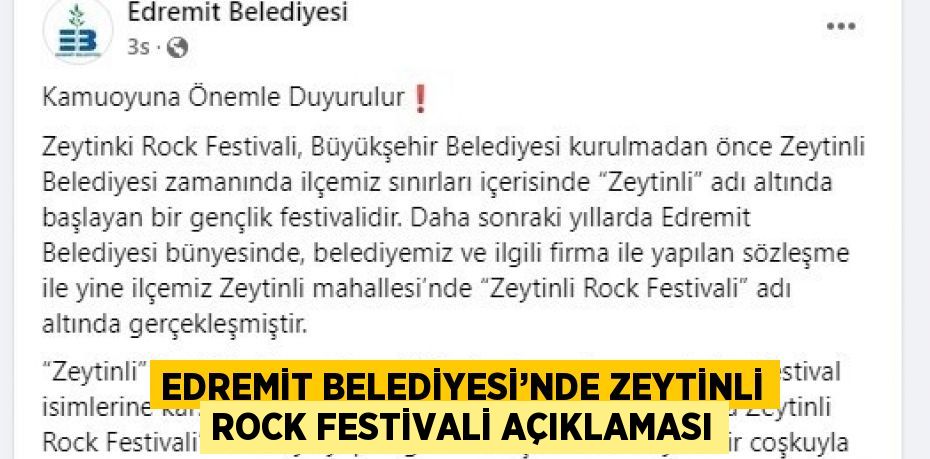 EDREMİT BELEDİYESİ’NDE ZEYTİNLİ ROCK FESTİVALİ AÇIKLAMASI