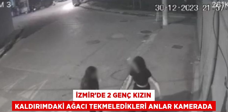 İZMİR’DE 2 GENÇ KIZIN KALDIRIMDAKİ AĞACI TEKMELEDİKLERİ ANLAR KAMERADA