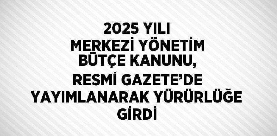 2025 YILI MERKEZİ YÖNETİM BÜTÇE KANUNU, RESMİ GAZETE’DE YAYIMLANARAK YÜRÜRLÜĞE GİRDİ