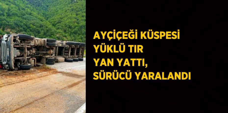 AYÇİÇEĞİ KÜSPESİ YÜKLÜ TIR YAN YATTI, SÜRÜCÜ YARALANDI