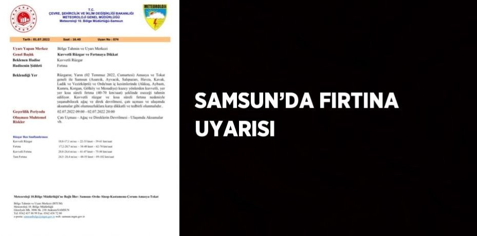 SAMSUN’DA FIRTINA UYARISI