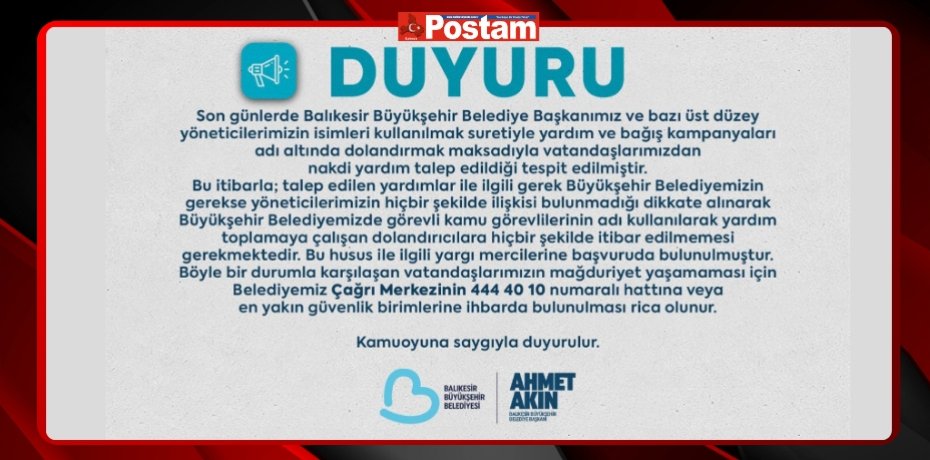 Büyükşehir’in adını kullanarak yardım talep edenlere dikkat!