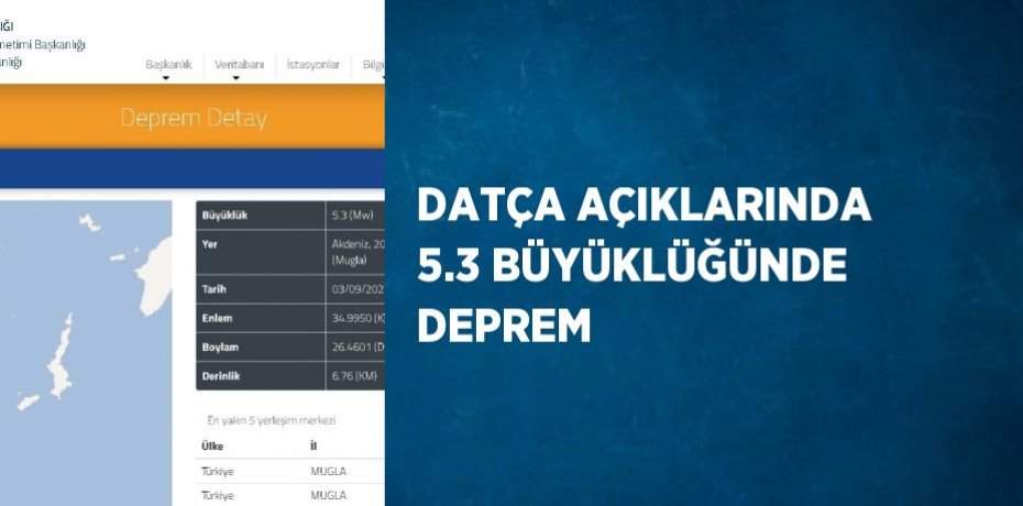 DATÇA AÇIKLARINDA 5.3 BÜYÜKLÜĞÜNDE DEPREM