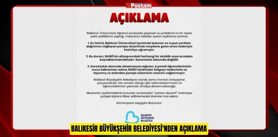 BALIKESİR BÜYÜKŞEHİR BELEDİYESİ'NDEN AÇIKLAMA