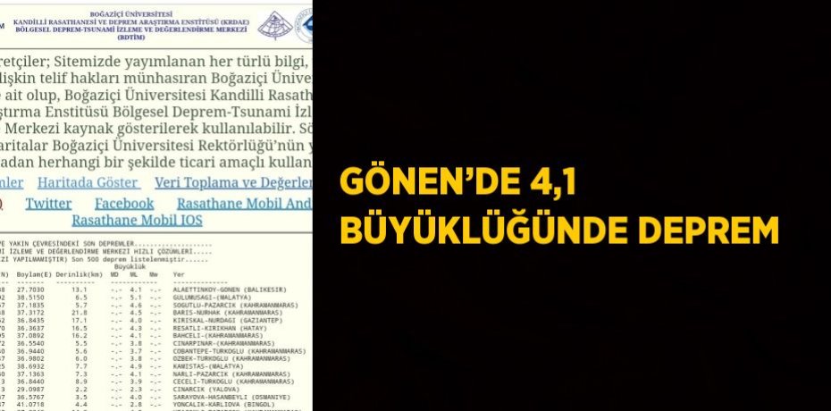 GÖNEN’DE 4,1 BÜYÜKLÜĞÜNDE DEPREM