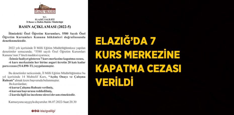ELAZIĞ’DA 7 KURS MERKEZİNE KAPATMA CEZASI VERİLDİ