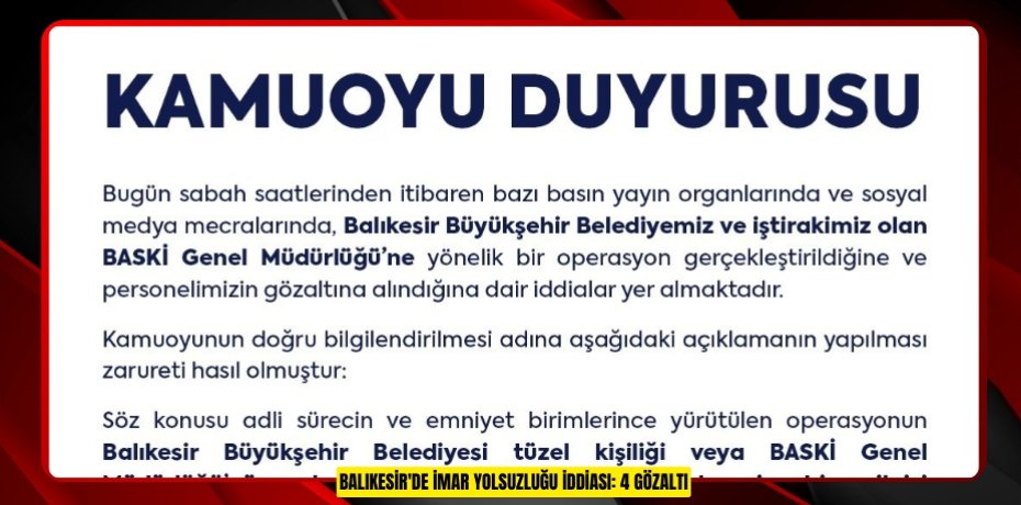 Balıkesir'de imar yolsuzluğu iddiası: 4 gözaltı