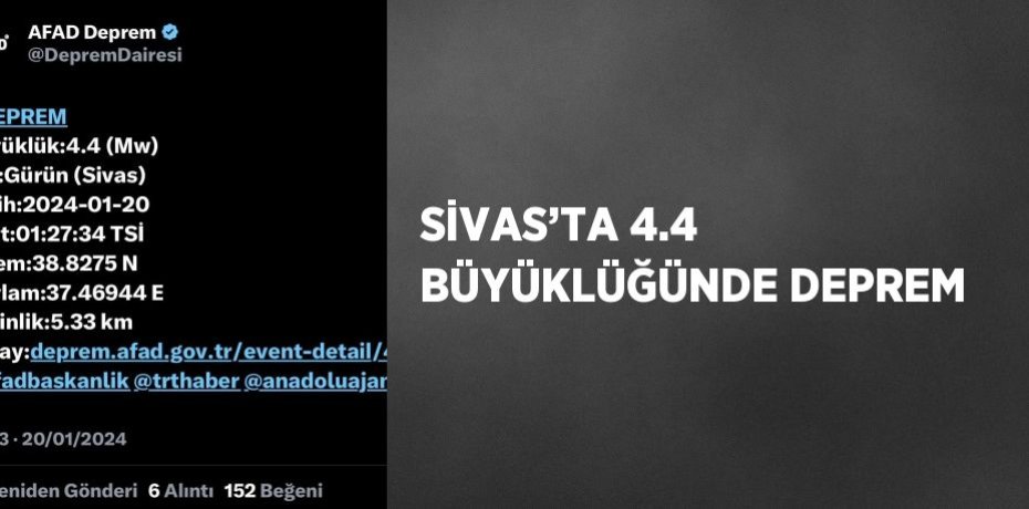 SİVAS’TA 4.4 BÜYÜKLÜĞÜNDE DEPREM