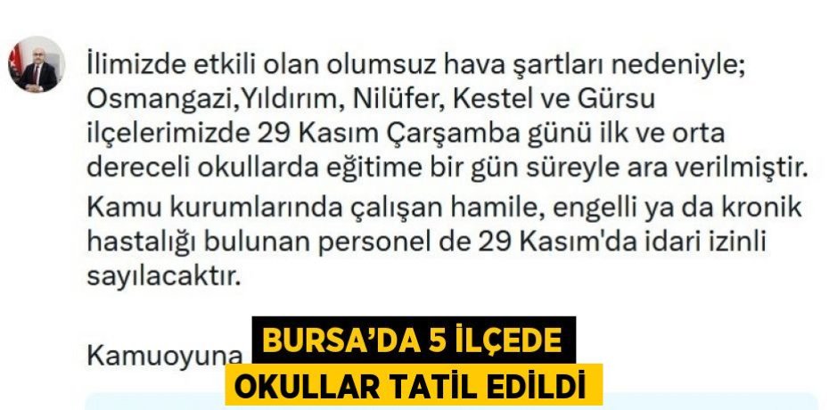 BURSA’DA 5 İLÇEDE OKULLAR TATİL EDİLDİ