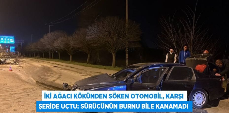 İKİ AĞACI KÖKÜNDEN SÖKEN OTOMOBİL, KARŞI ŞERİDE UÇTU: SÜRÜCÜNÜN BURNU BİLE KANAMADI